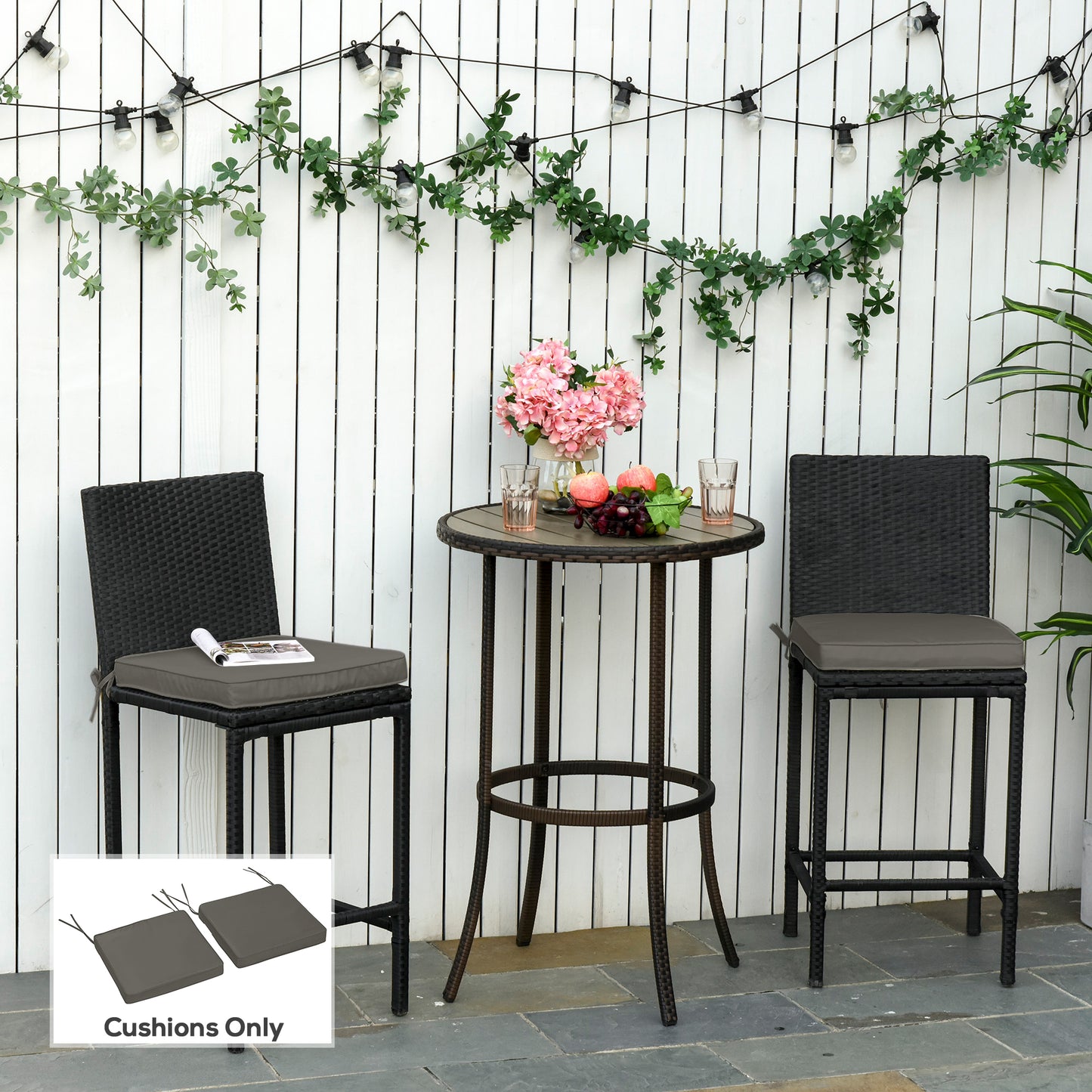 Set of 2 Garden Chair Cushions with Ties, 45 x 45 cm Replacement Cushions for Outdoor Furniture, Dark Grey