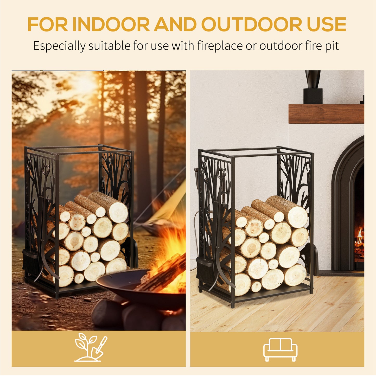 Steel Firewood Log Holder Indoor Outdoor Firewood Rack Fireplace Wood Storage Shelf with 4 Tools, Hooks, Tree Pattern Design