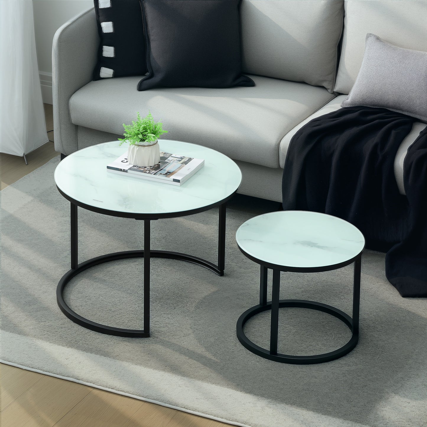 Glass Coffee Table Set of 2, Round Nest of Tables with Marble-Effect Tempered Glass Tabletop and Steel Frame