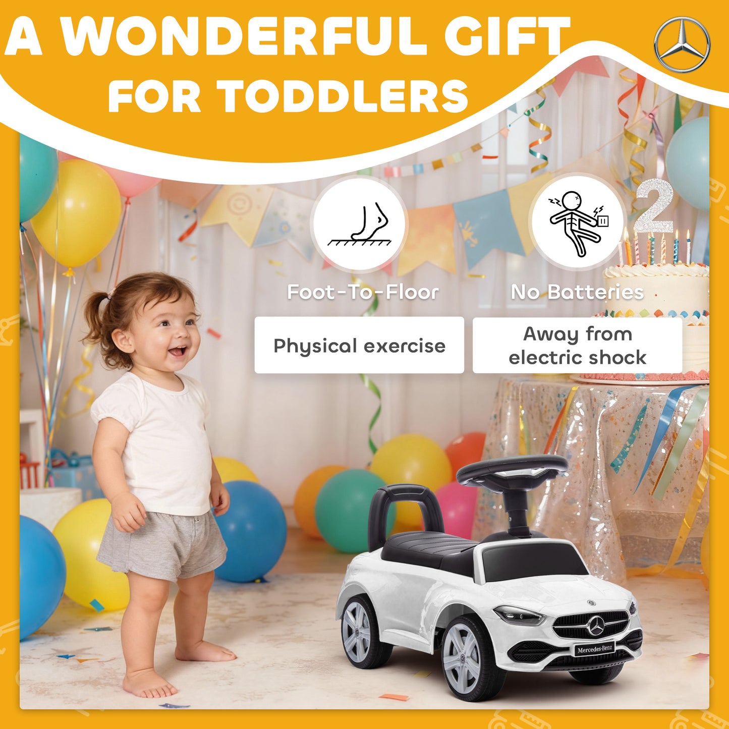 Official Mercedes-Benz Ride On Car, Foot to Floor Sliding Walker with Horn, Engine Sounds and Under-Seat Storage, White
