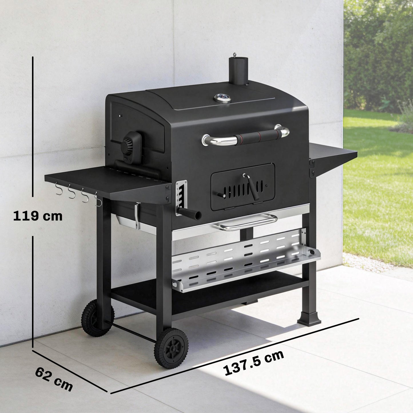 Charcoal BBQ Grill Smoker with Electric Rotisserie Kit, Portable Barbecue Grill with Warming Rack, Black