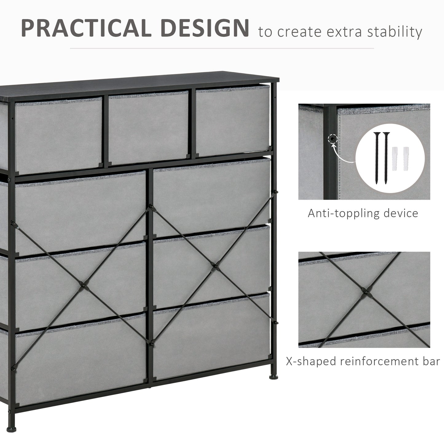 Nine Drawer Fabric Dresser - Grey