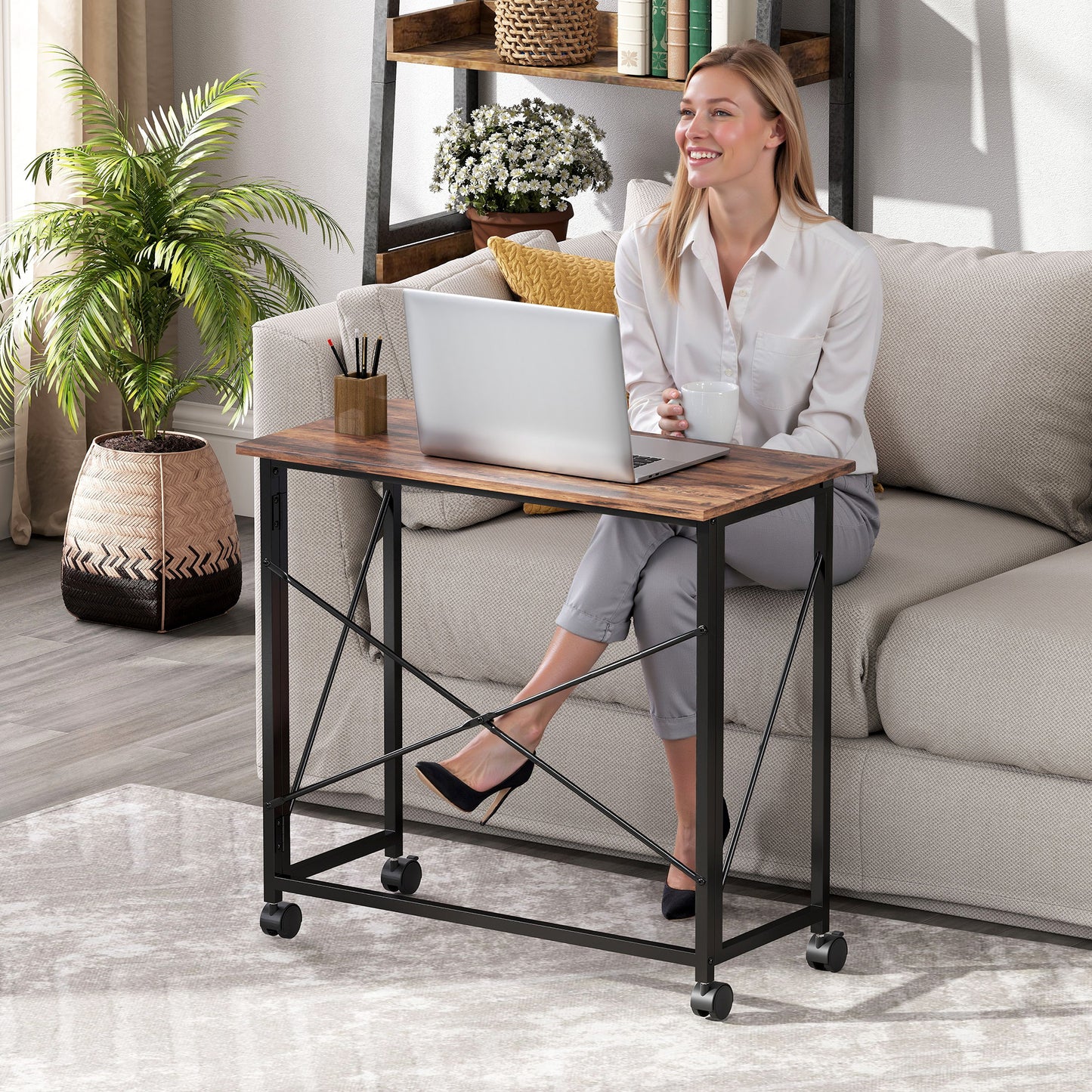 80 cm Folding Desk on Wheels - Rustic Brown