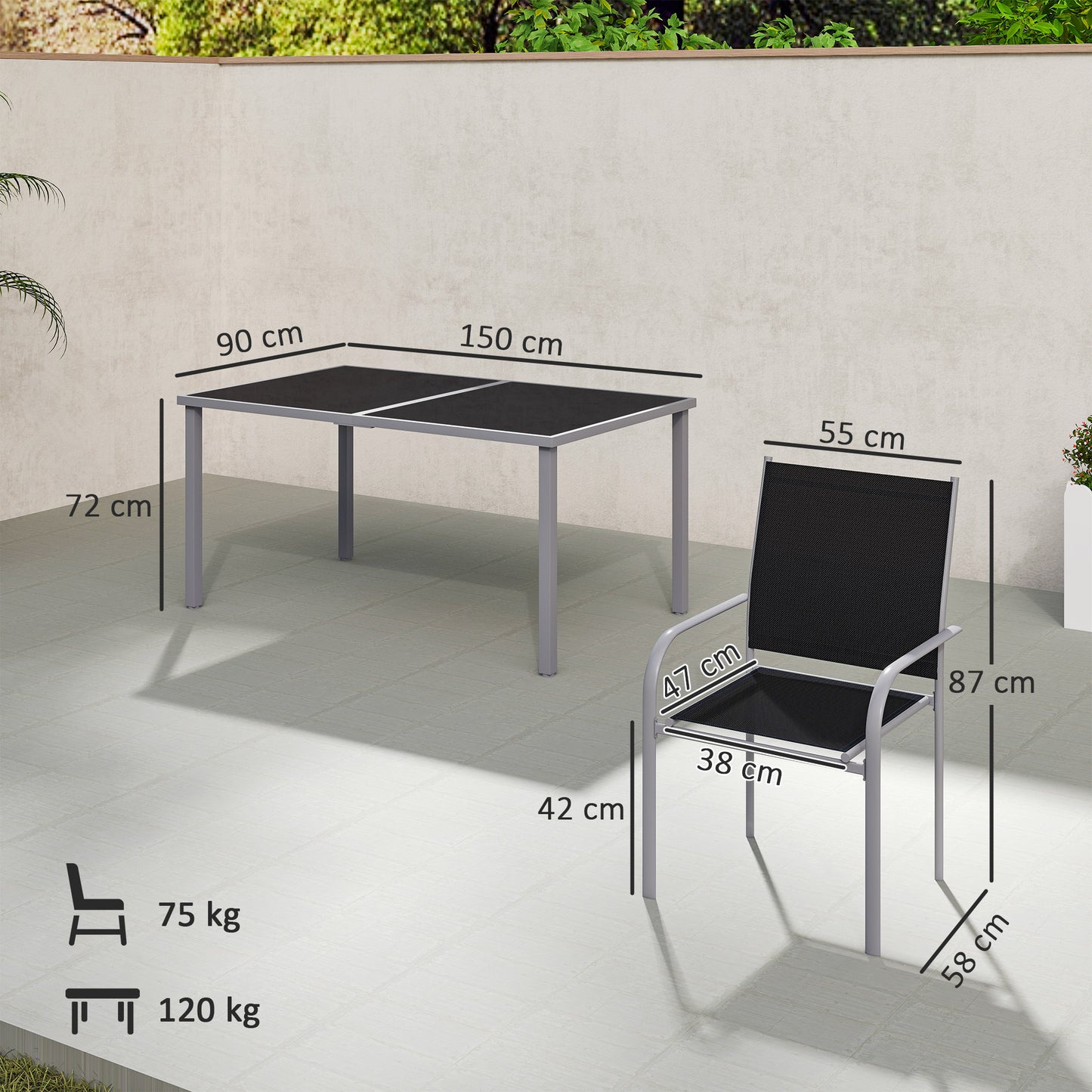 7 Piece Outdoor Garden Dining Set with Table and 6 Stackable Chairs, Steel Frame, Tempered Glass Top, Mesh Seats, Black