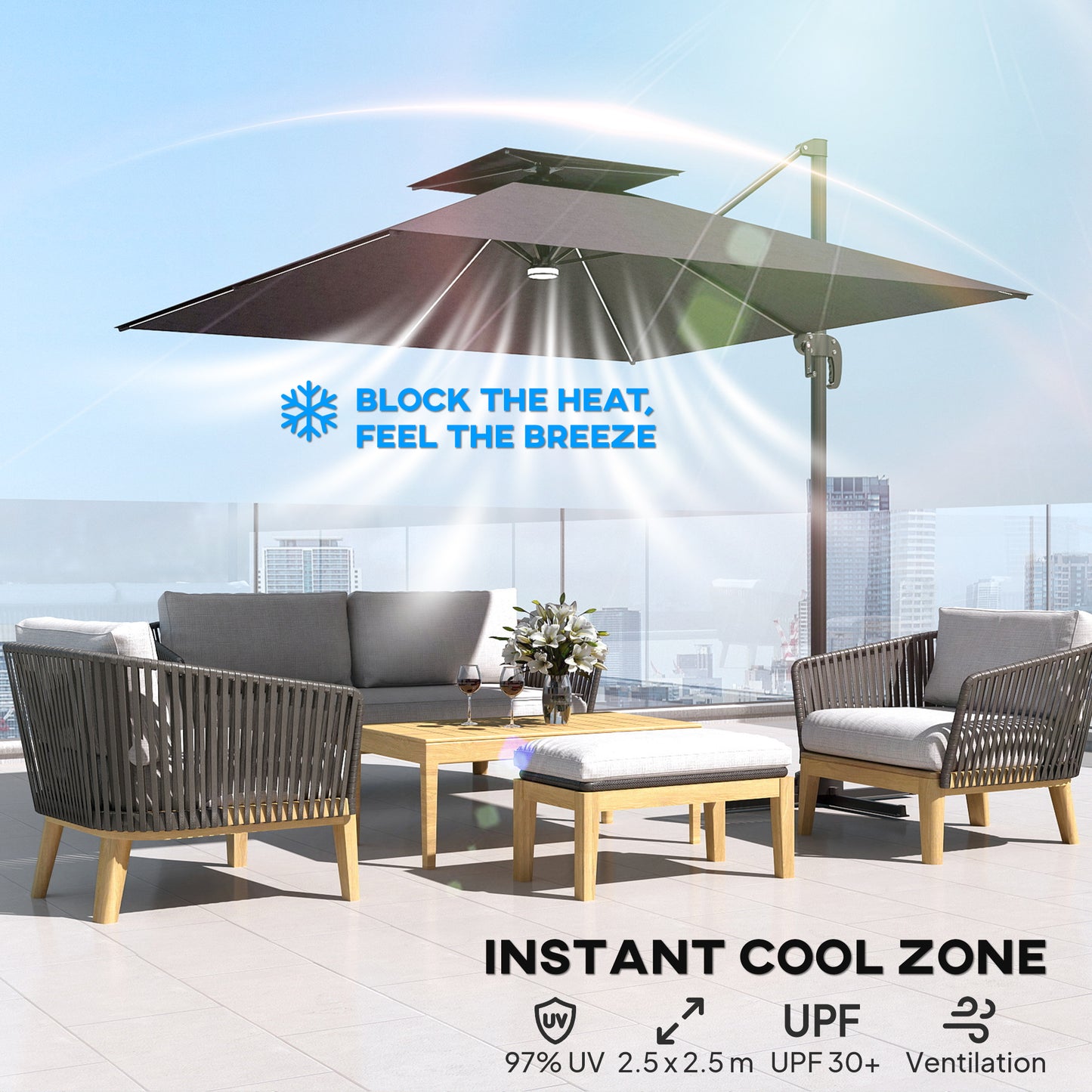 2.5m Cantilever Parasol with Solar Powered LED Lights, 360° Rotation, Tilt Adjustment, Crank Handle, Dark Grey
