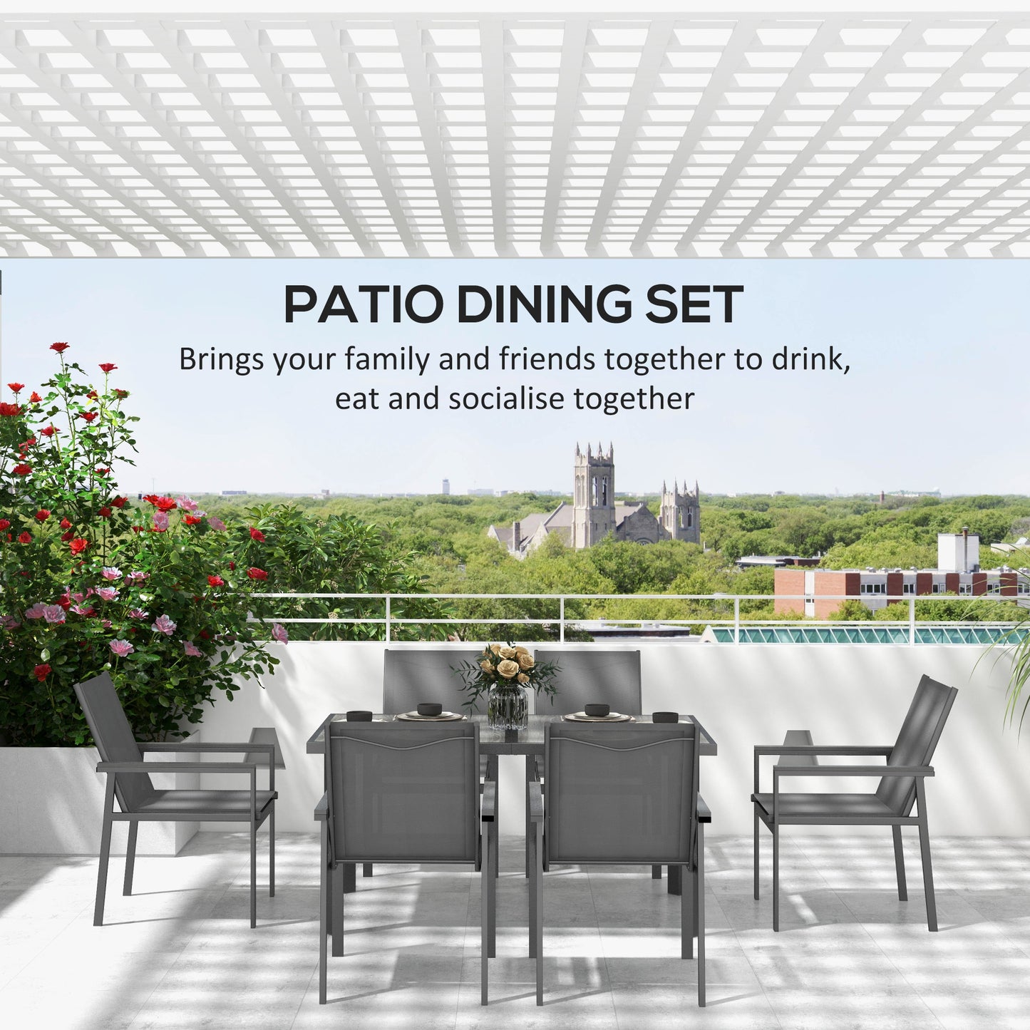 Seven-Piece Metal Dining Set with Glass-Top Table and Texteline Chairs - Grey
