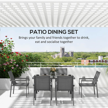 Seven-Piece Metal Dining Set with Glass-Top Table and Texteline Chairs - Grey