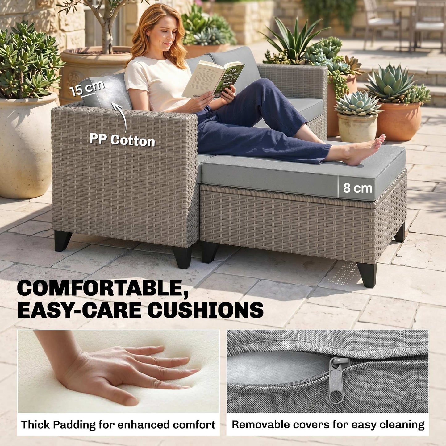 5-Piece Rattan Patio Furniture Set with Corner Sofa, Footstools, Coffee Table, for Poolside, Brown