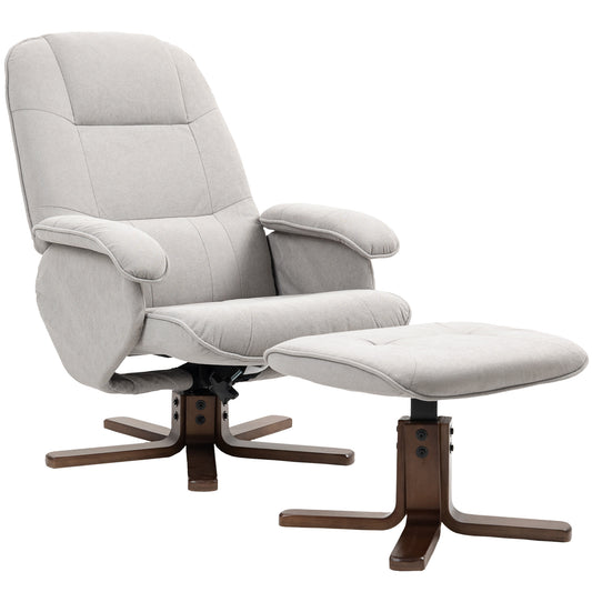 Linen Swivel Recliner Chair with Footstool, Upholstered Reclining Armchair with Wooden Base for Living Room, Light Grey