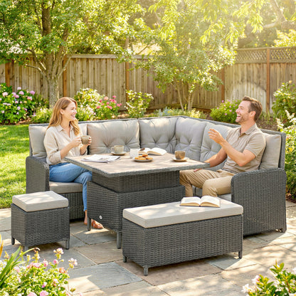 6 Pieces Outdoor PE Rattan Garden Furniture, Patio Wicker Sectional Conversation Corner Sofa