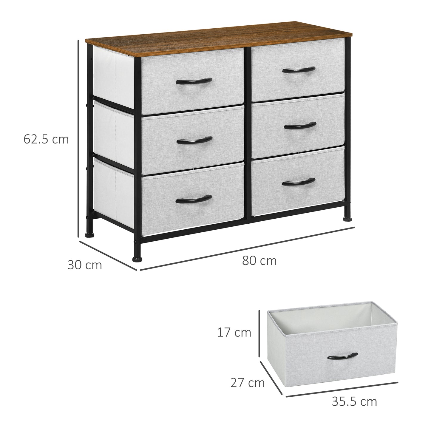 Fabric Chest of Drawers, Storage Drawers, Industrial Bedroom Dresser with 6 Fabric Drawers