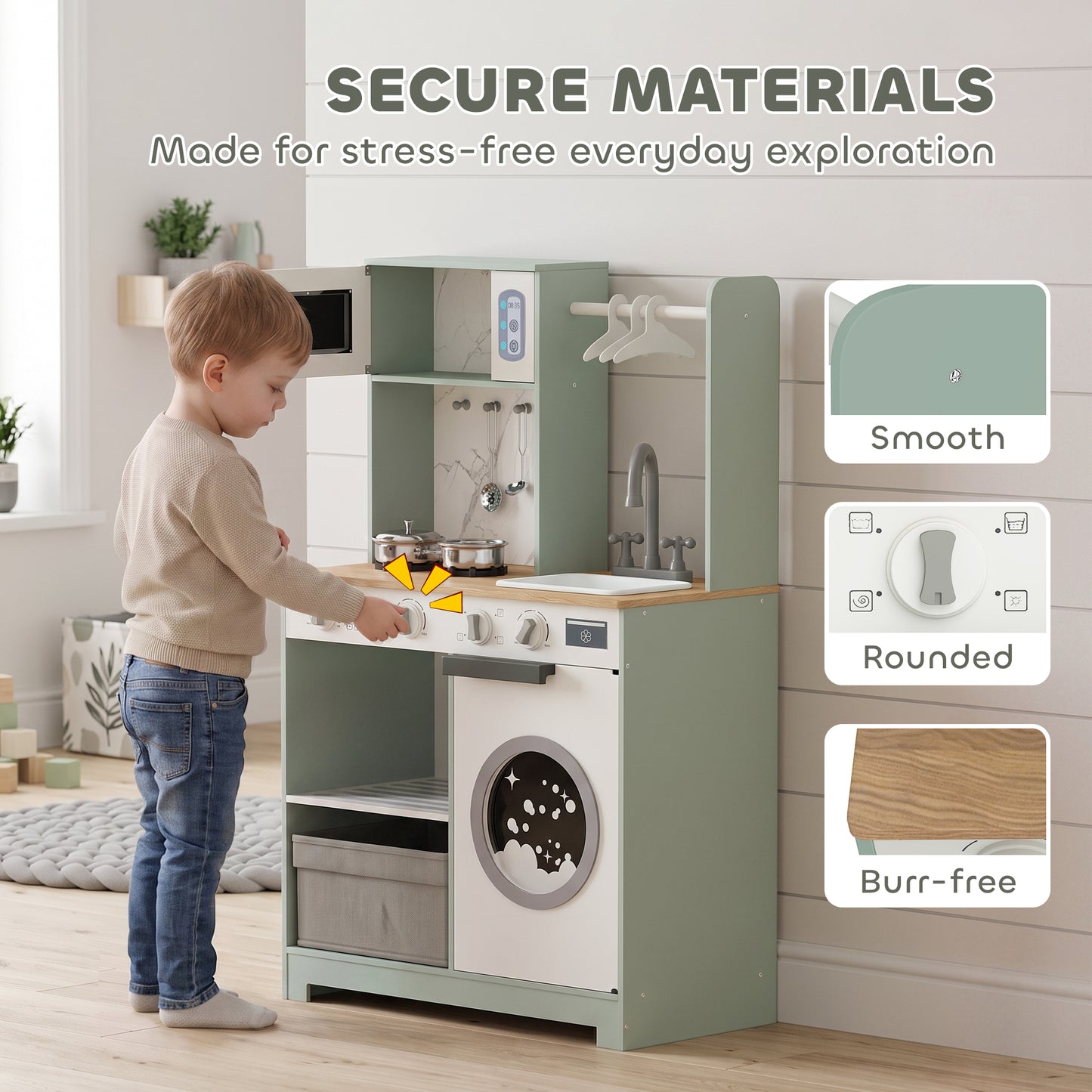 Kids Play Kitchen, Pretend Play Toy Kitchen Playset with Stove, Sink, Microwave, 5Pcs Accessories for 3-6 Years, Green