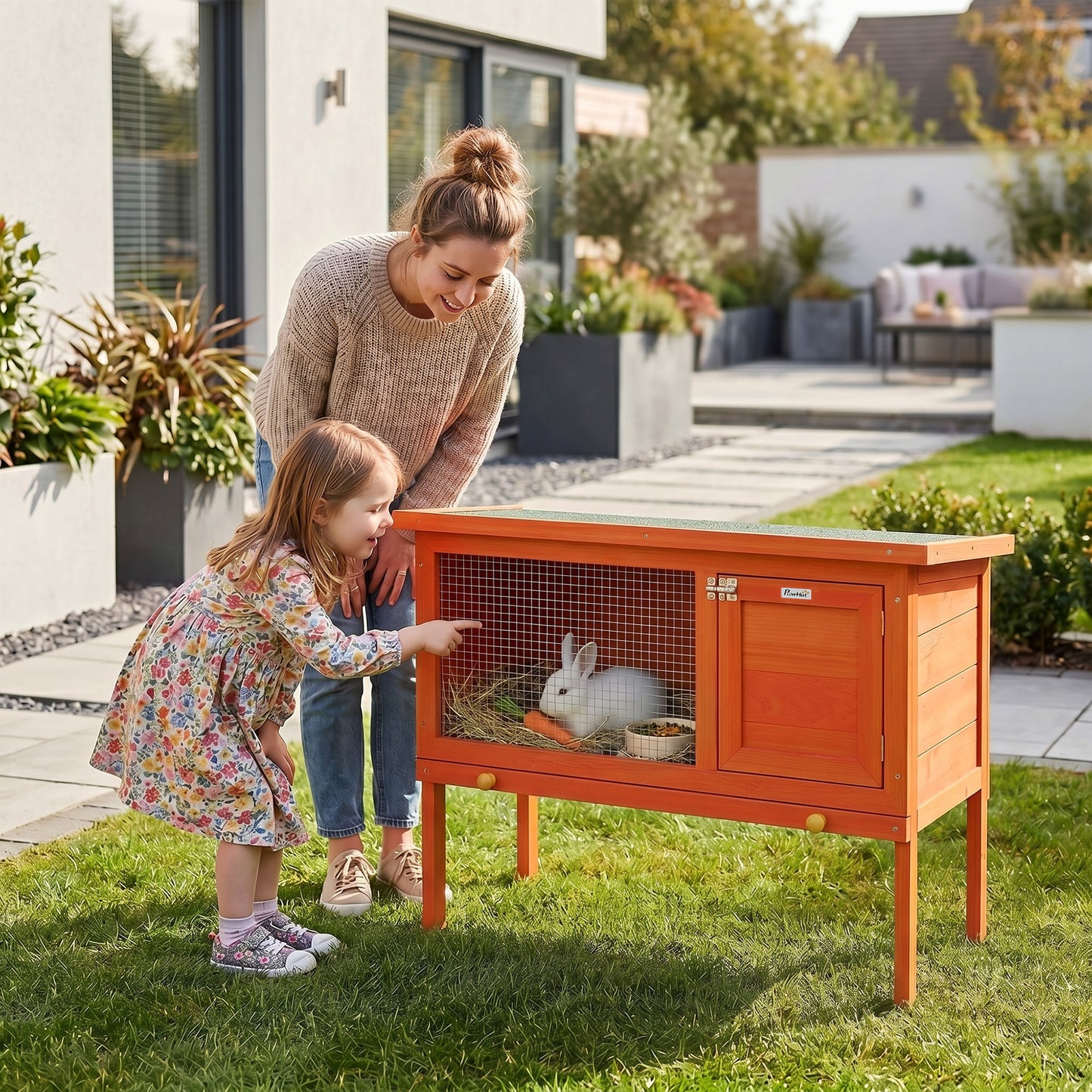 Wooden Rabbit Hutch, Guinea Pig Hutch with Asphalt Roof, Outdoor Elevated Bunny House for Rabbits, Chinchillas