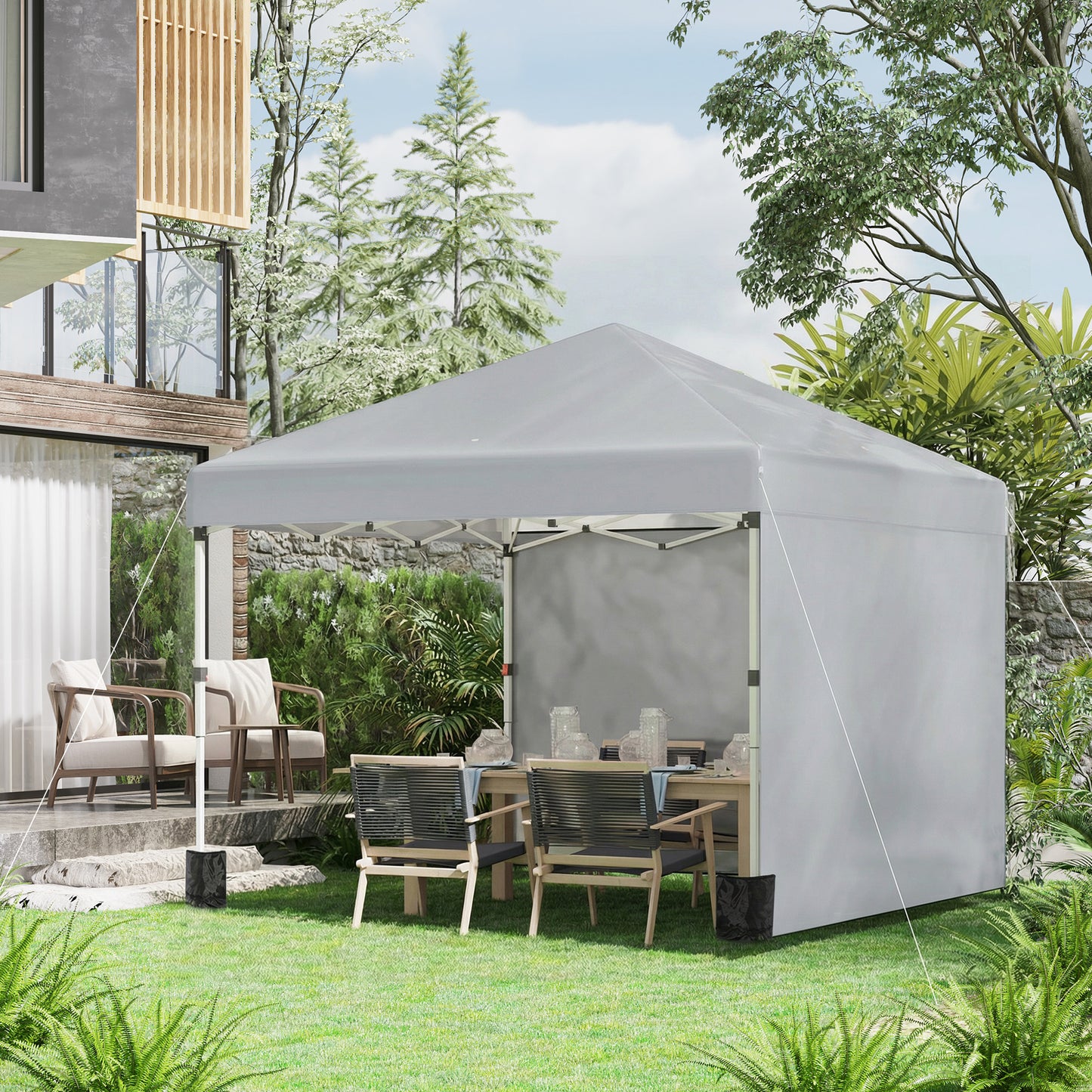 3 x 3 m Pop Up Gazebo, UPF 30+ Party Tent with 2 Sidewalls, Weight Bags and Wheeled Bag, Light Grey