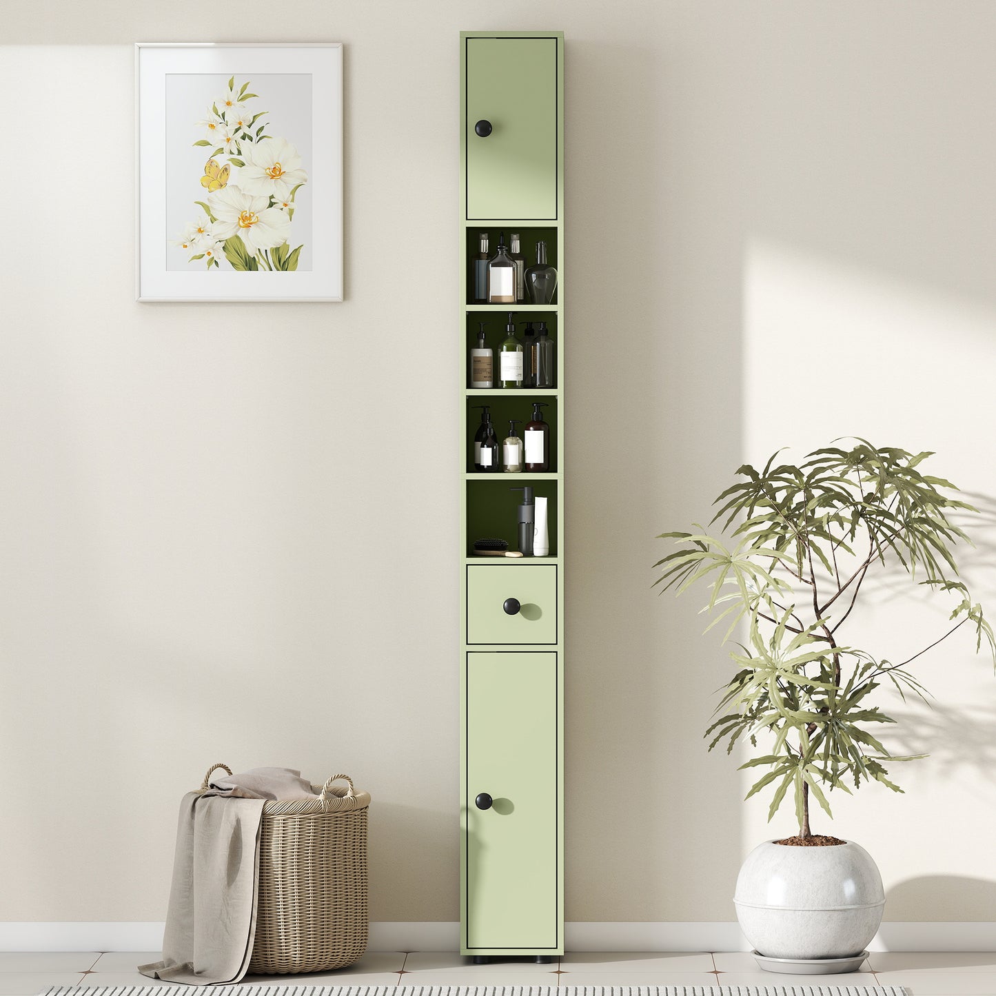 180cm Slim Bathroom Cabinet, with Drawer, Shelves and Cupboards - Green