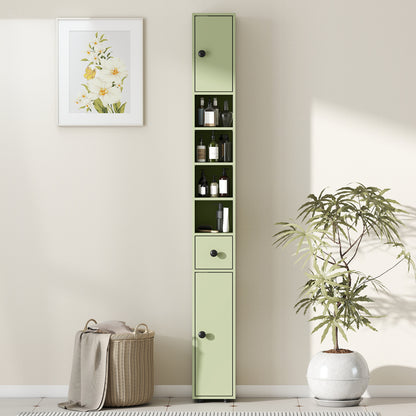 180cm Slim Bathroom Cabinet, with Drawer, Shelves and Cupboards - Green