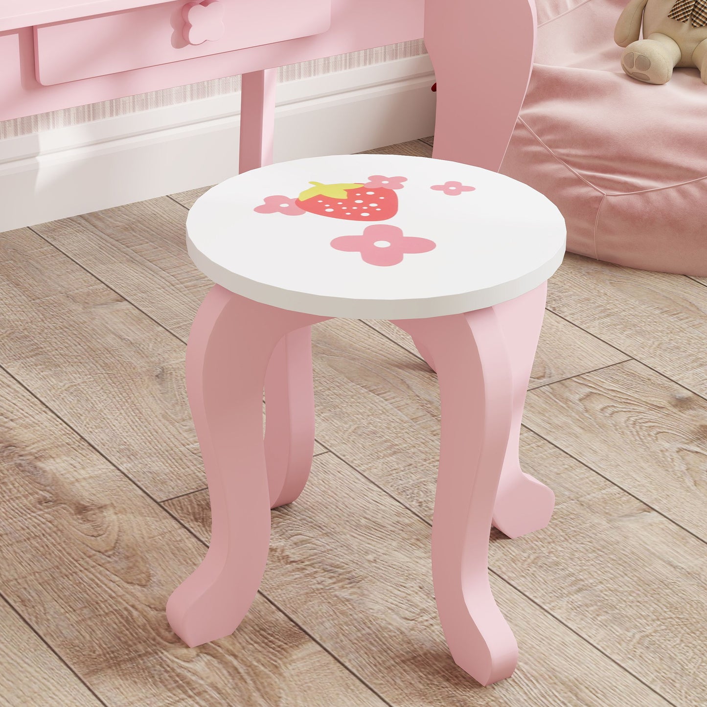 Kids Dressing Table Set, Vanity Table with Stool, Mirror, Drawer, Desktop, Storage, Strawberry-Theme, Pink