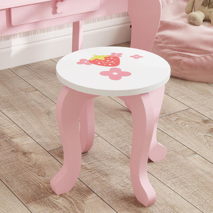 Kids Dressing Table Set, Vanity Table with Stool, Mirror, Drawer, Desktop, Storage, Strawberry-Theme, Pink