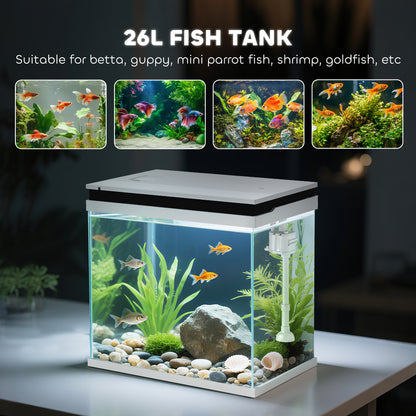 26L Glass Fish Tank With Filter System, LED Lights, Water Pump, White