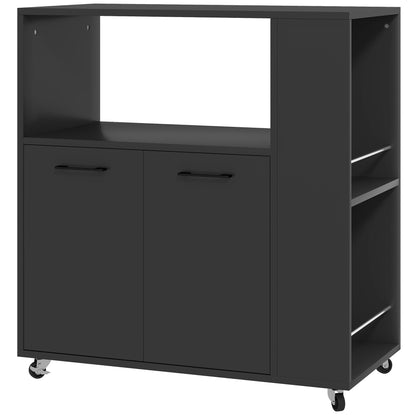 Kitchen Trolley on Wheels, Rolling Kitchen Island Cart with 2-Door Cabinet, Spice Rack and Adjustable Shelf, Black