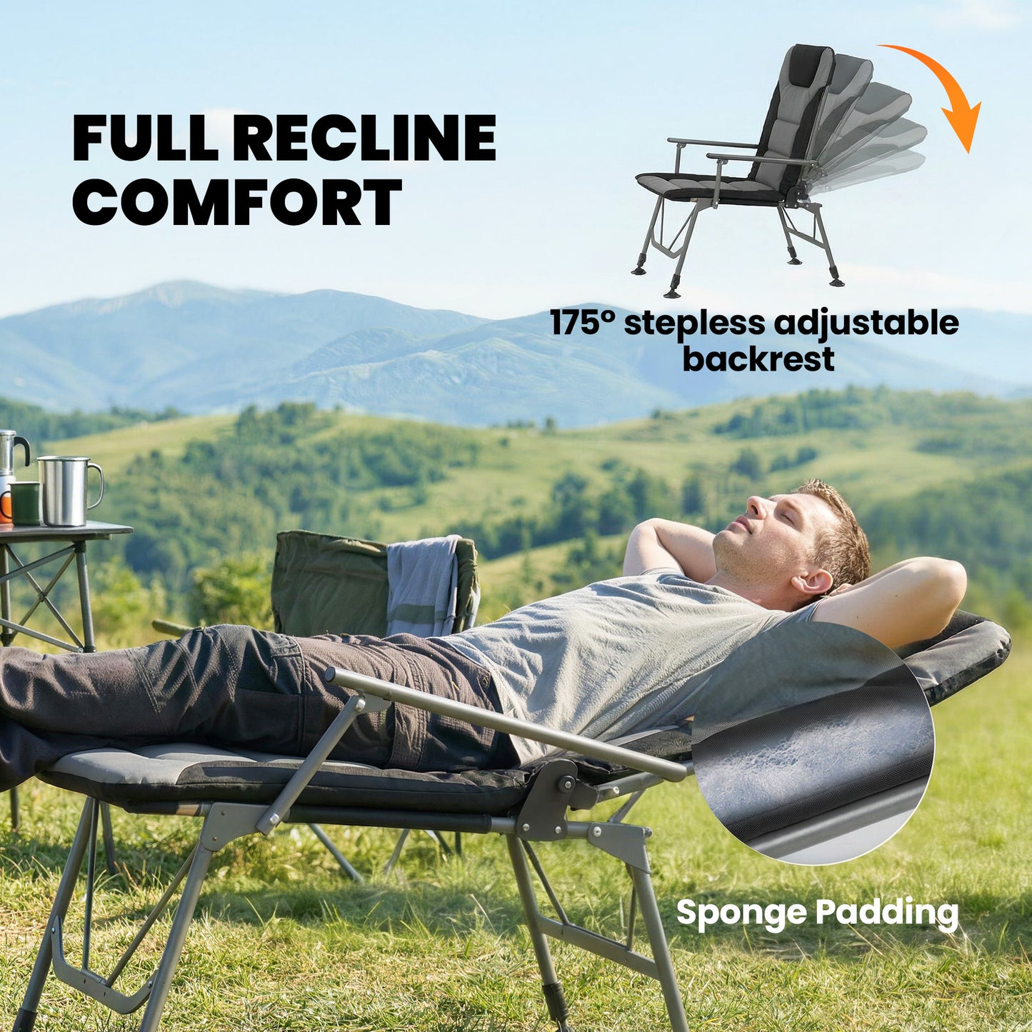Camping Chair Padded Reclining Folding Chair with Wide Armrests for Adults Black