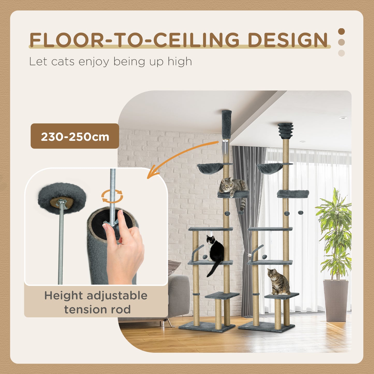 230-250cm Floor-to-Ceiling Climbing Cat Tree Tower - Grey