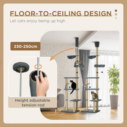 230-250cm Floor-to-Ceiling Climbing Cat Tree Tower - Grey