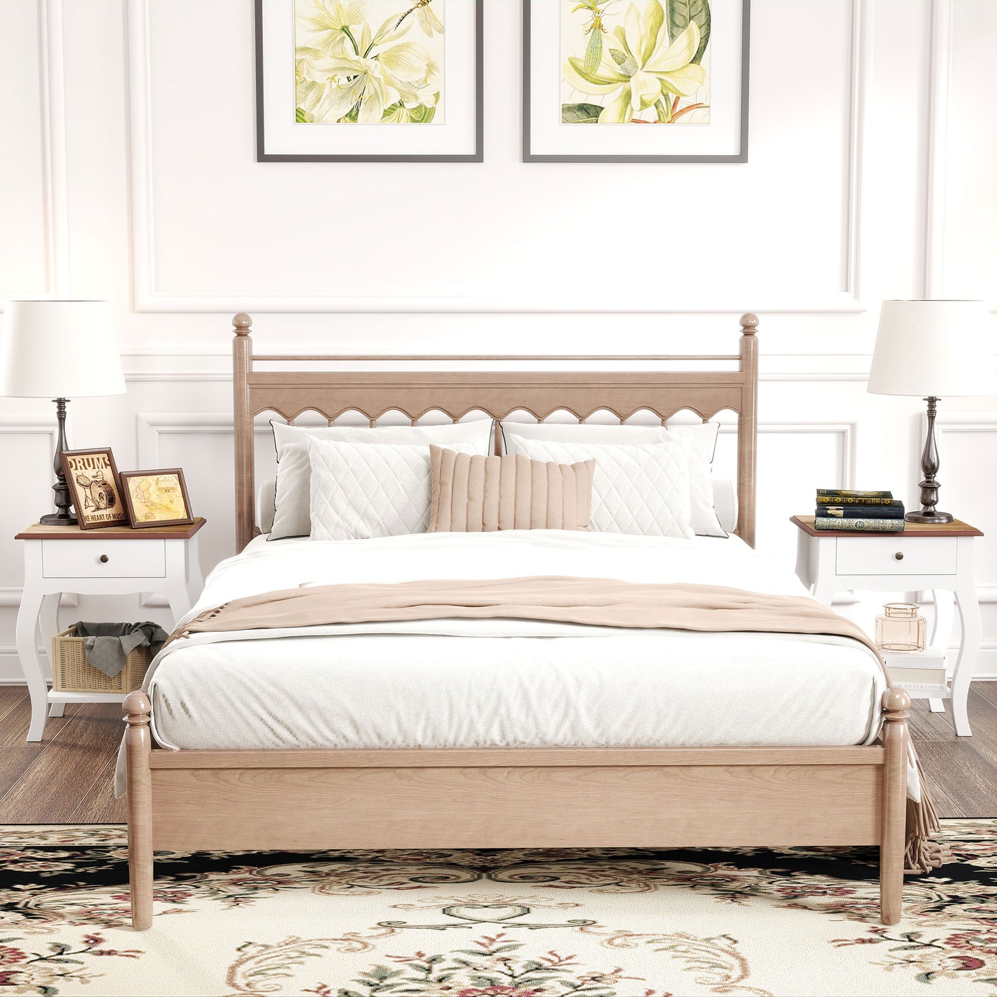 2pcs Bedside Tables with Drawer, French Style Bedside Cabinets with Open Shelf for Bedroom, Living Room, White