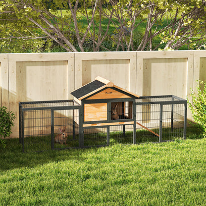 Wooden Rabbit Hutch Outdoor with Steel Run, Wooden Guinea Pig Cage with Removable Plastic Tray, Asphalt Roof, Ramp