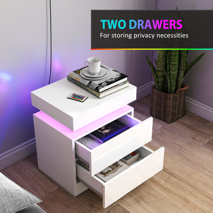 White Bedside Table with LED Light, High Gloss Front Nightstand with 2 Drawers, for Living Room, Bedroom, Set of 2