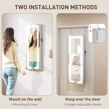 LED Mirror Jewellery Cabinet, Wall Mounted Full Length Mirror with Storage, Lockable Jewellery Organiser, White