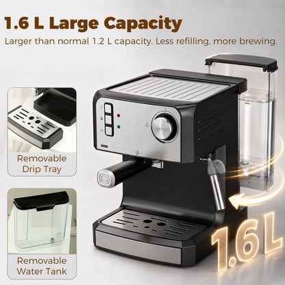 Espresso Machine, 20-Bar Semi Automatic Cappuccino Coffee Maker with Frother Wand, 1.6 L Water Tank, Black