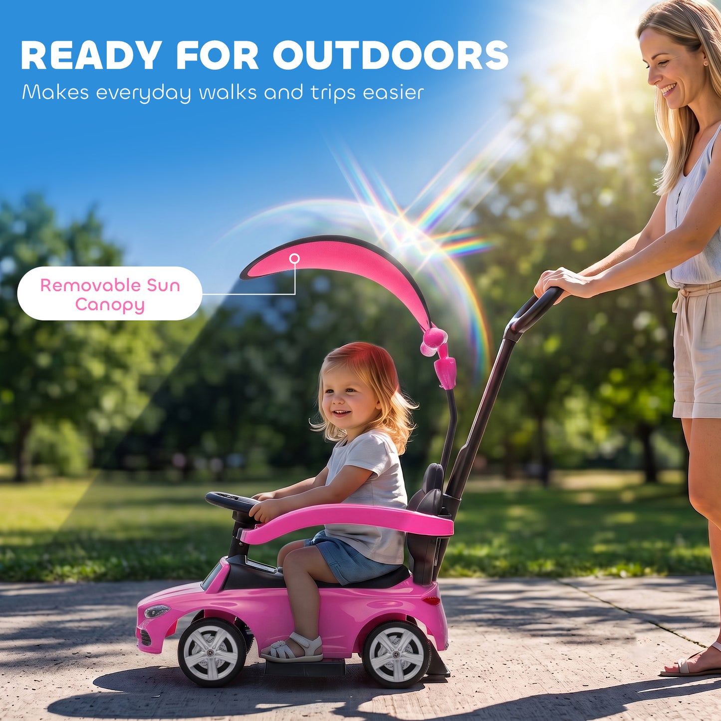 3 in 1 Licensed Benz Ride on Push Car with Handle, Canopy, Guardrails, Horn, Music, Storage for 12-36 Months, Pink
