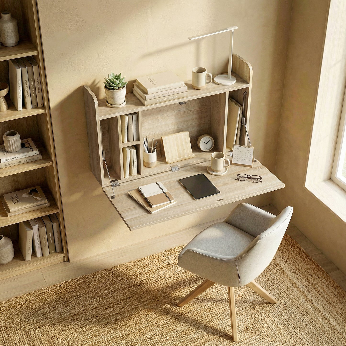 Wall Mounted Desk, Drop Leaf Floating Laptop Desk with Space Saving Storage Compartments for Home Office, Oak