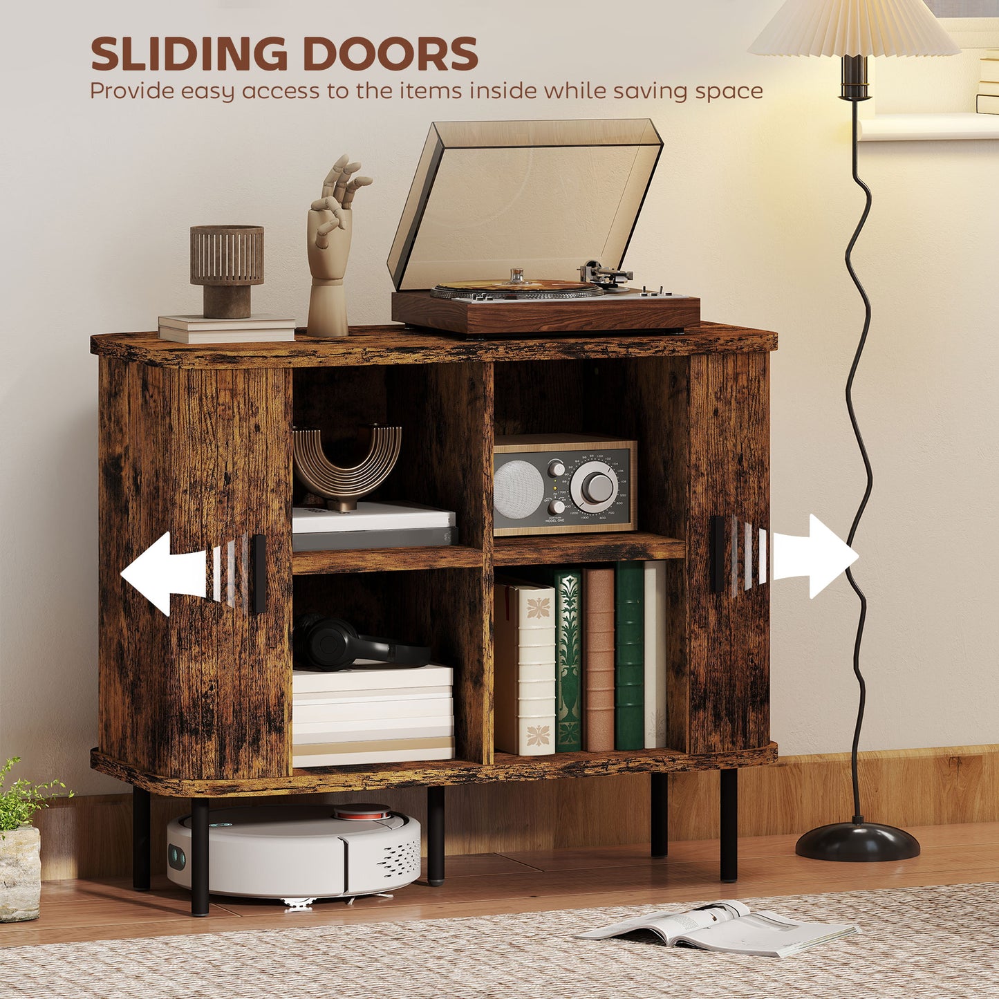 Mid-Century Modern Sideboard Storage Cabinet with Slatted Tambour Sliding Doors, Kitchen Cabinet with Steel Legs