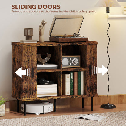 Mid-Century Modern Sideboard Storage Cabinet with Slatted Tambour Sliding Doors, Kitchen Cabinet with Steel Legs