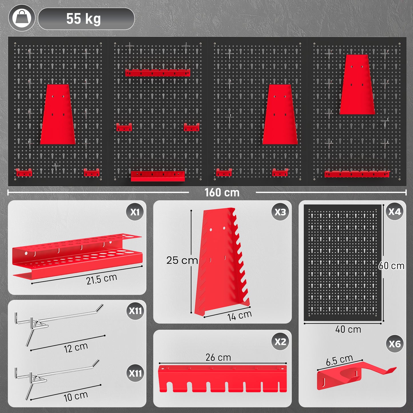 38 Pcs Wall-Mounted Pegboard with 4 Boards, Garage Tool Storage Unit Black and Red