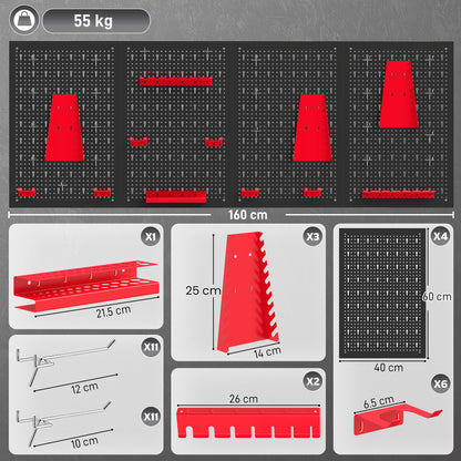38 Pcs Wall-Mounted Pegboard with 4 Boards, Garage Tool Storage Unit Black and Red