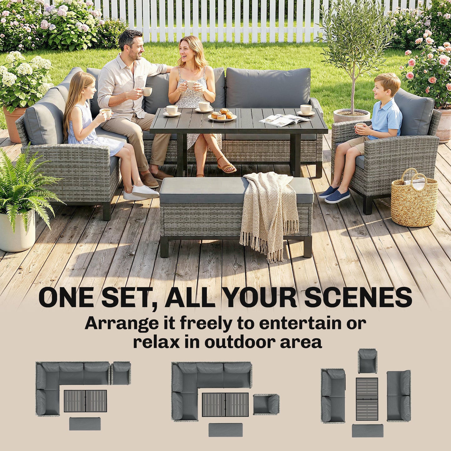 9 Seater Rattan Garden Furniture Corner Sofa Set, Outdoor Dining Set with Faux Wood Table, Ottoman, Cushions, Dark Grey