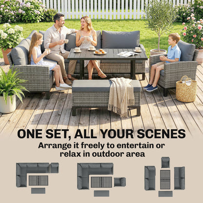 9 Seater Rattan Garden Furniture Corner Sofa Set, Outdoor Dining Set with Faux Wood Table, Ottoman, Cushions, Dark Grey