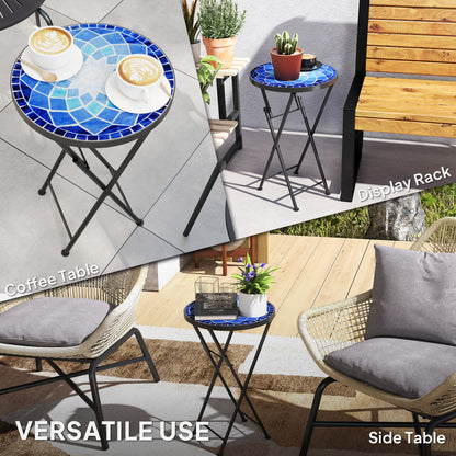 Mosaic Outdoor Garden Table, 35.5cm Round Folding Coffee Table with Metal Frame for Balcony Terrace, Navy Blue
