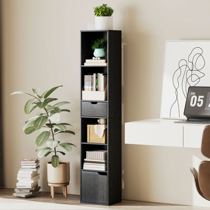 6-Tier Bookcase, Tall Narrow Bookshelf with Drawer and Door - Black