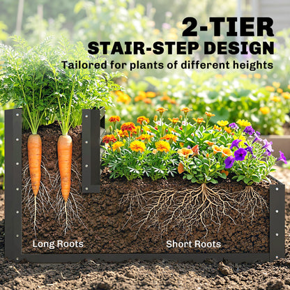 2 Tier Raised Garden Bed, Galvanised Planter Box with Open Bottom for Vegetables Flowers Herbs, 120x101x58cm, Dark Grey