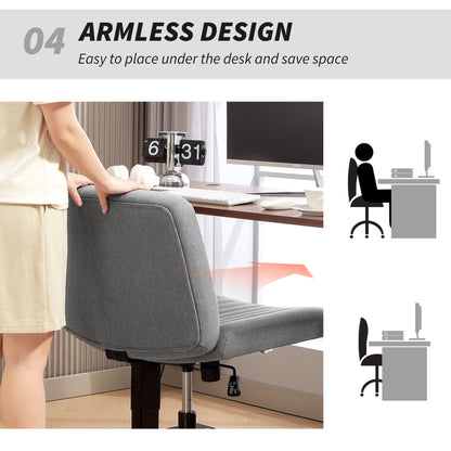 Armless Office Chair No Wheels, Linen Fabric Criss Cross Legged Desk Chair with Wide Seat, Thick Padding, Tilt Function