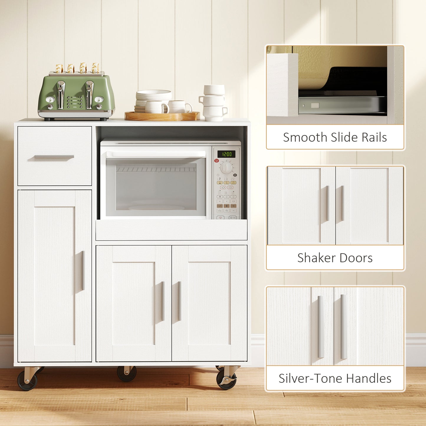 Rolling Kitchen Cart, Microwave Cabinet with Sliding Tray, Drawer, 3-Door Cupboards, Adjustable Shelf, White