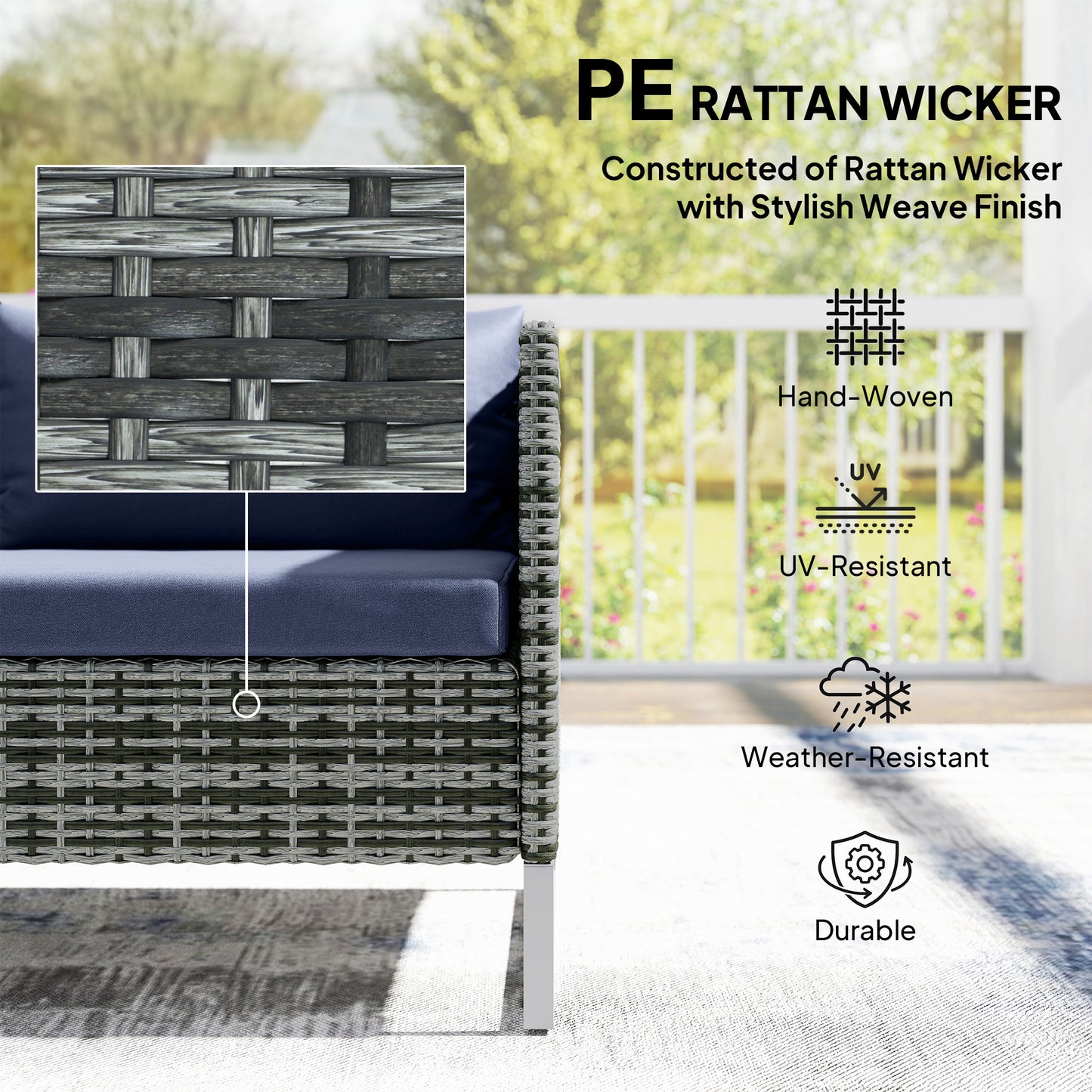 4 Piece Rattan Garden Furniture Set, Outdoor Corner Sofa Set with Storage Table, Loveseats, Cushions - Dark Blue