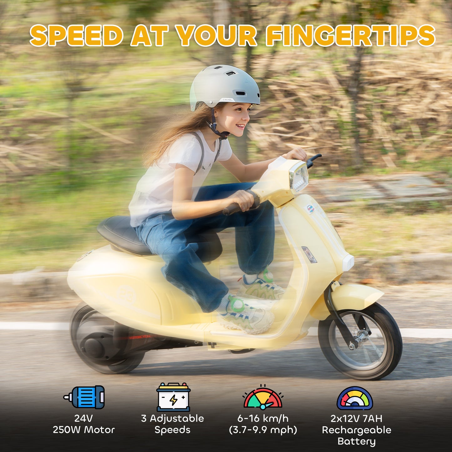 24V Kids Electric Motorbike, Ride on Motorcycle with Manual Throttle, Brakes and LED Lights for Ages 8-12 Years, Beige