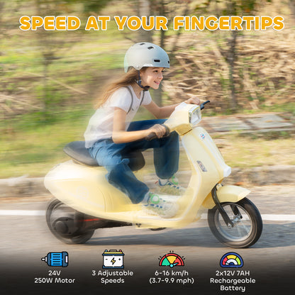 24V Kids Electric Motorbike, Ride on Motorcycle with Manual Throttle, Brakes and LED Lights for Ages 8-12 Years, Beige