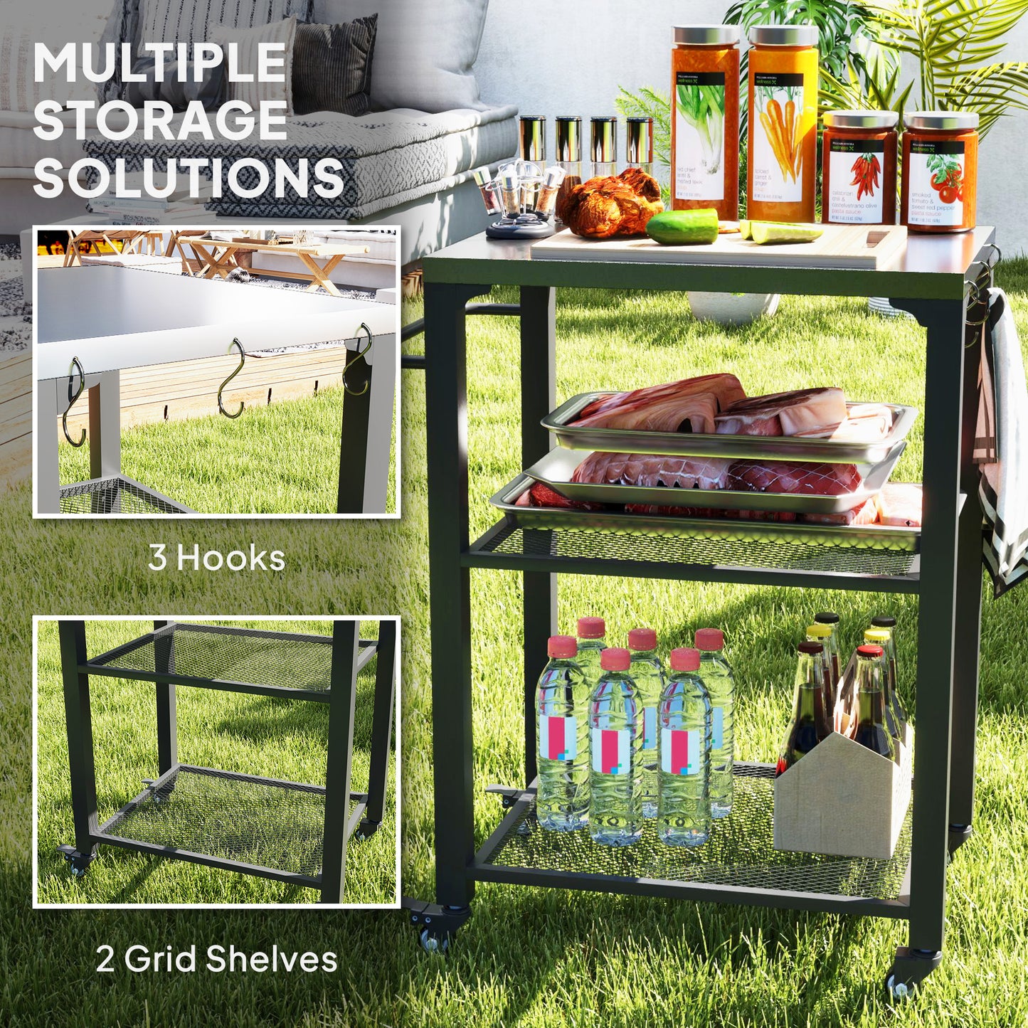 Three-Shelf Outdoor Grill Cart with Stainless Steel Top, Outdoor Kitchen Island with 4 Wheels, 3 Hooks