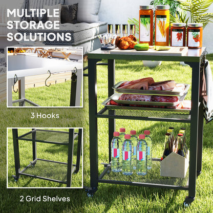 Three-Shelf Outdoor Grill Cart with Stainless Steel Top, Outdoor Kitchen Island with 4 Wheels, 3 Hooks